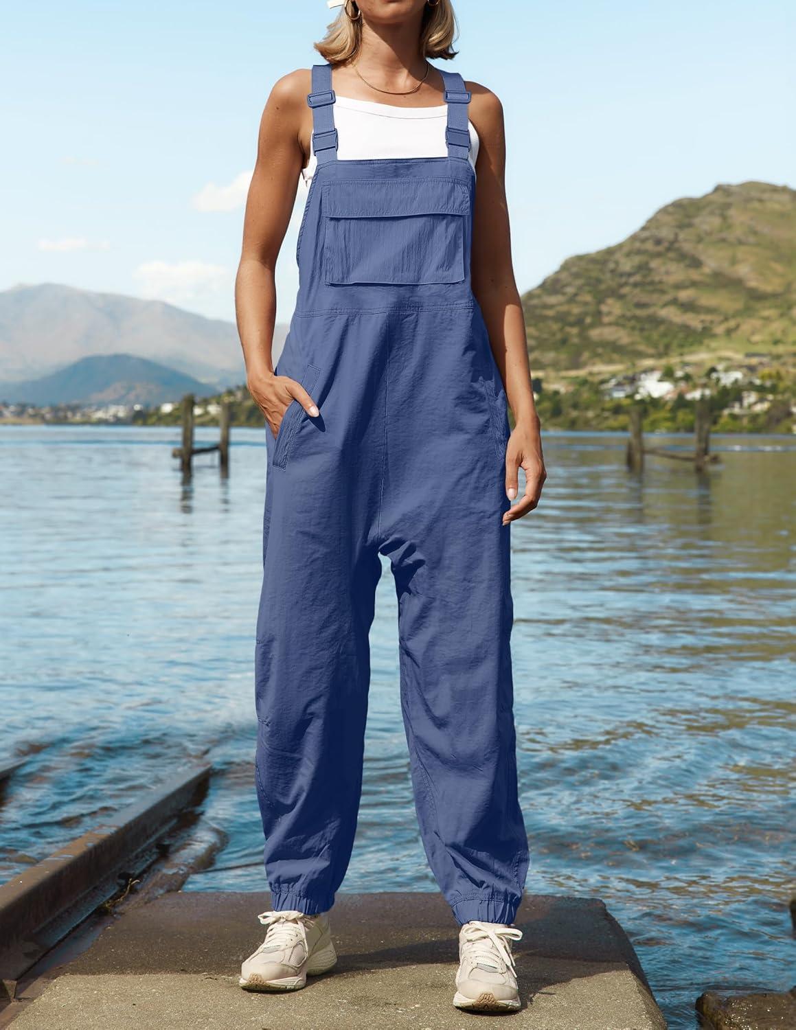 imageZESICA Womens Sleeveless Overalls Jumpsuit Casual Loose Adjustable Straps Bib Long Pant Jumpsuits with PocketsDusty Blue
