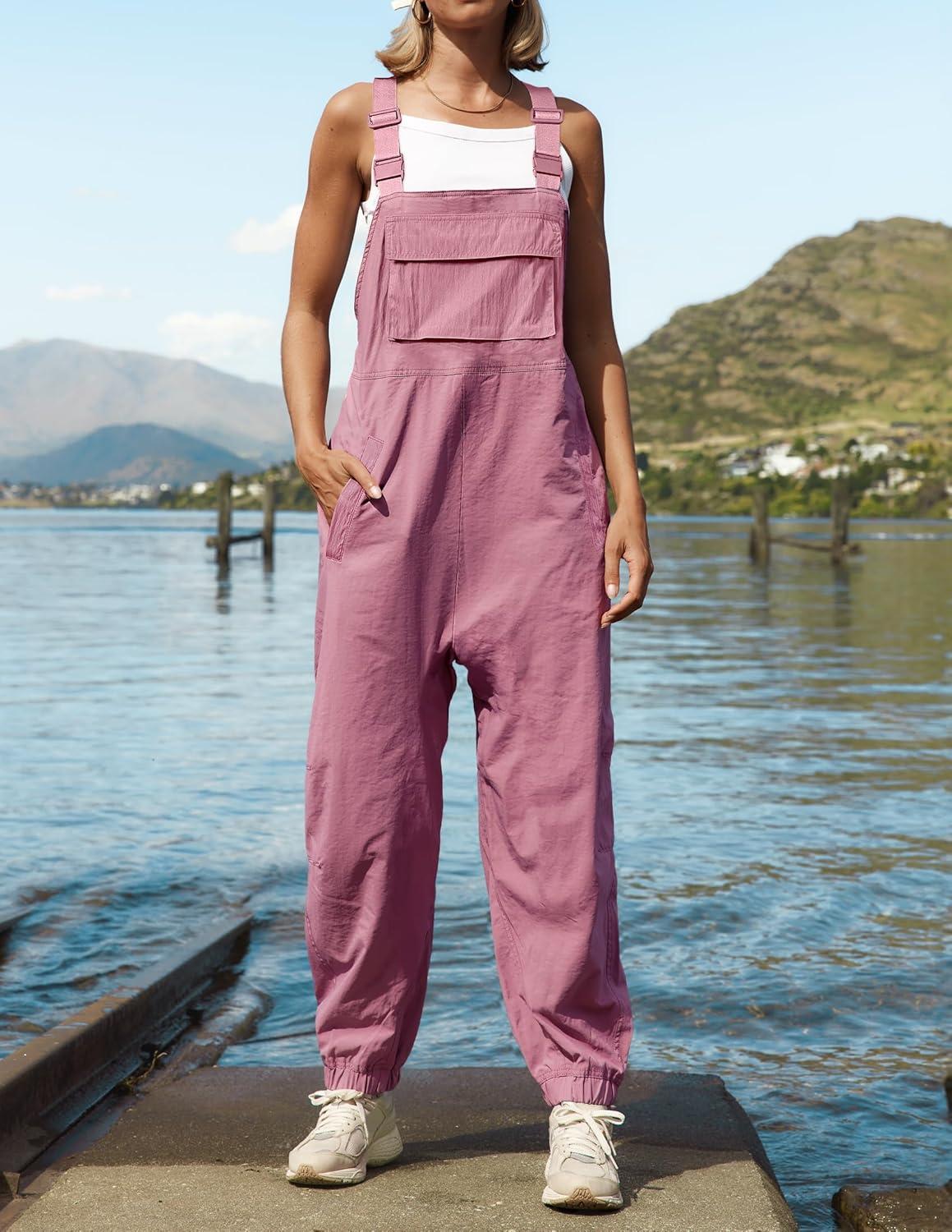 imageZESICA Womens Sleeveless Overalls Jumpsuit Casual Loose Adjustable Straps Bib Long Pant Jumpsuits with PocketsPink