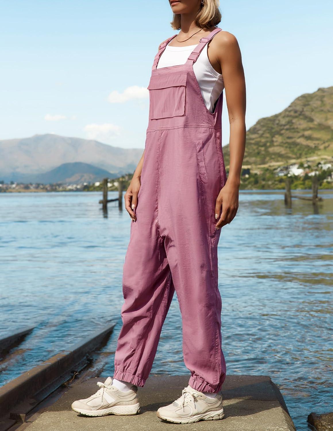 imageZESICA Womens Sleeveless Overalls Jumpsuit Casual Loose Adjustable Straps Bib Long Pant Jumpsuits with PocketsPink