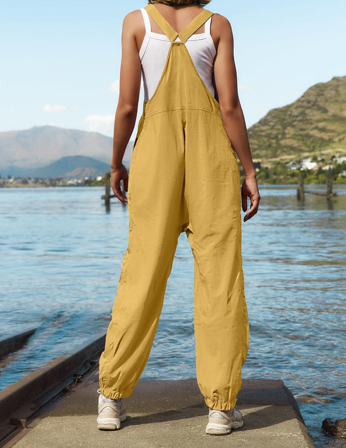 imageZESICA Womens Sleeveless Overalls Jumpsuit Casual Loose Adjustable Straps Bib Long Pant Jumpsuits with PocketsYellow