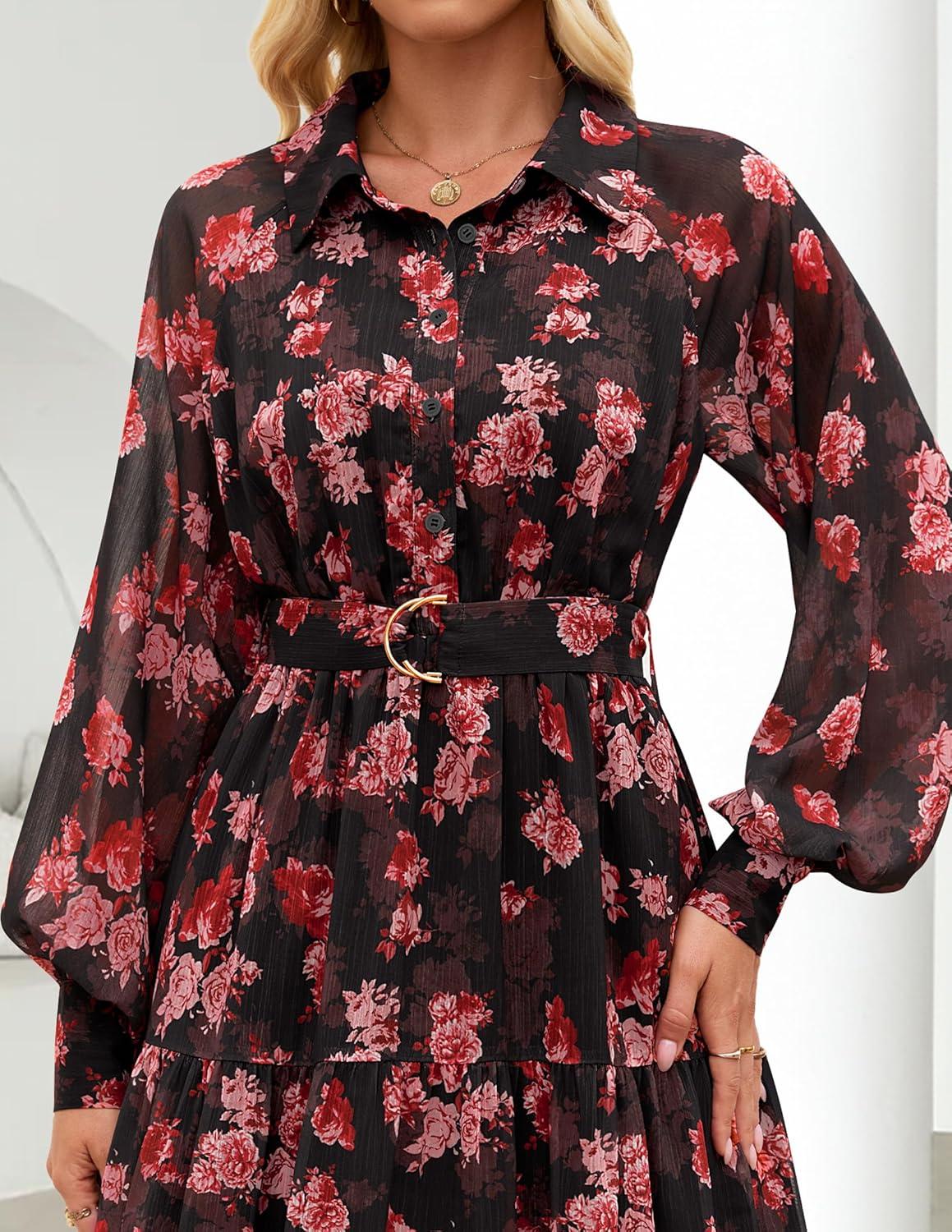 imageZESICA Womens Spring Floral Long Sleeve Maxi Dresses 2026 Casual Button Belted Chiffon Boho Wedding Guest Party DressBlack