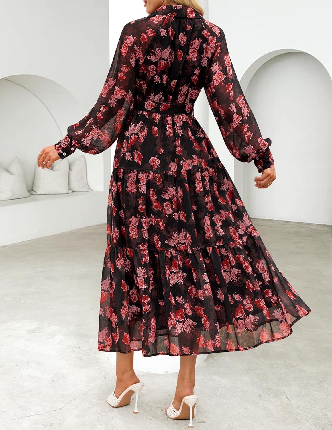 imageZESICA Womens Spring Floral Long Sleeve Maxi Dresses 2026 Casual Button Belted Chiffon Boho Wedding Guest Party DressBlack