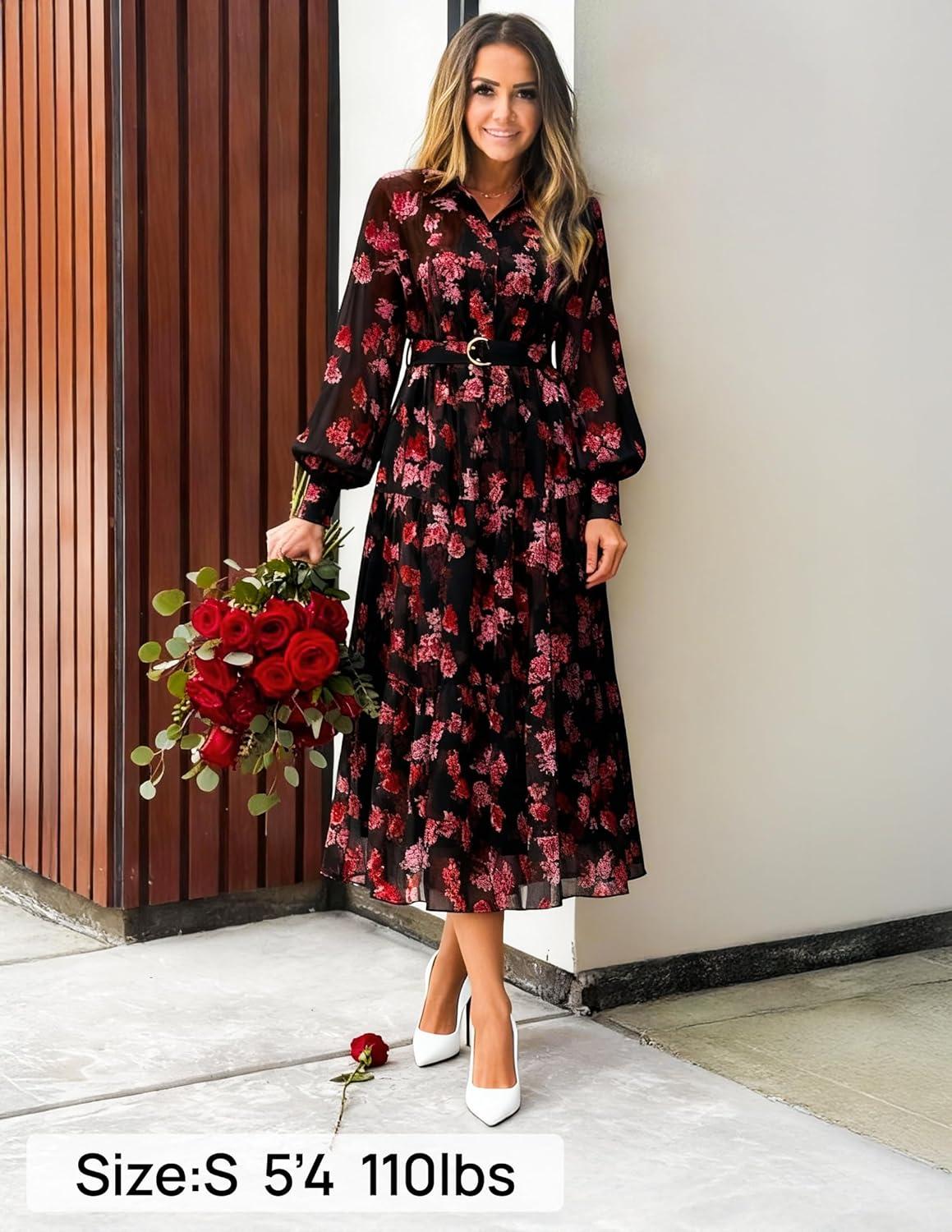 imageZESICA Womens Spring Floral Long Sleeve Maxi Dresses 2026 Casual Button Belted Chiffon Boho Wedding Guest Party DressBlack