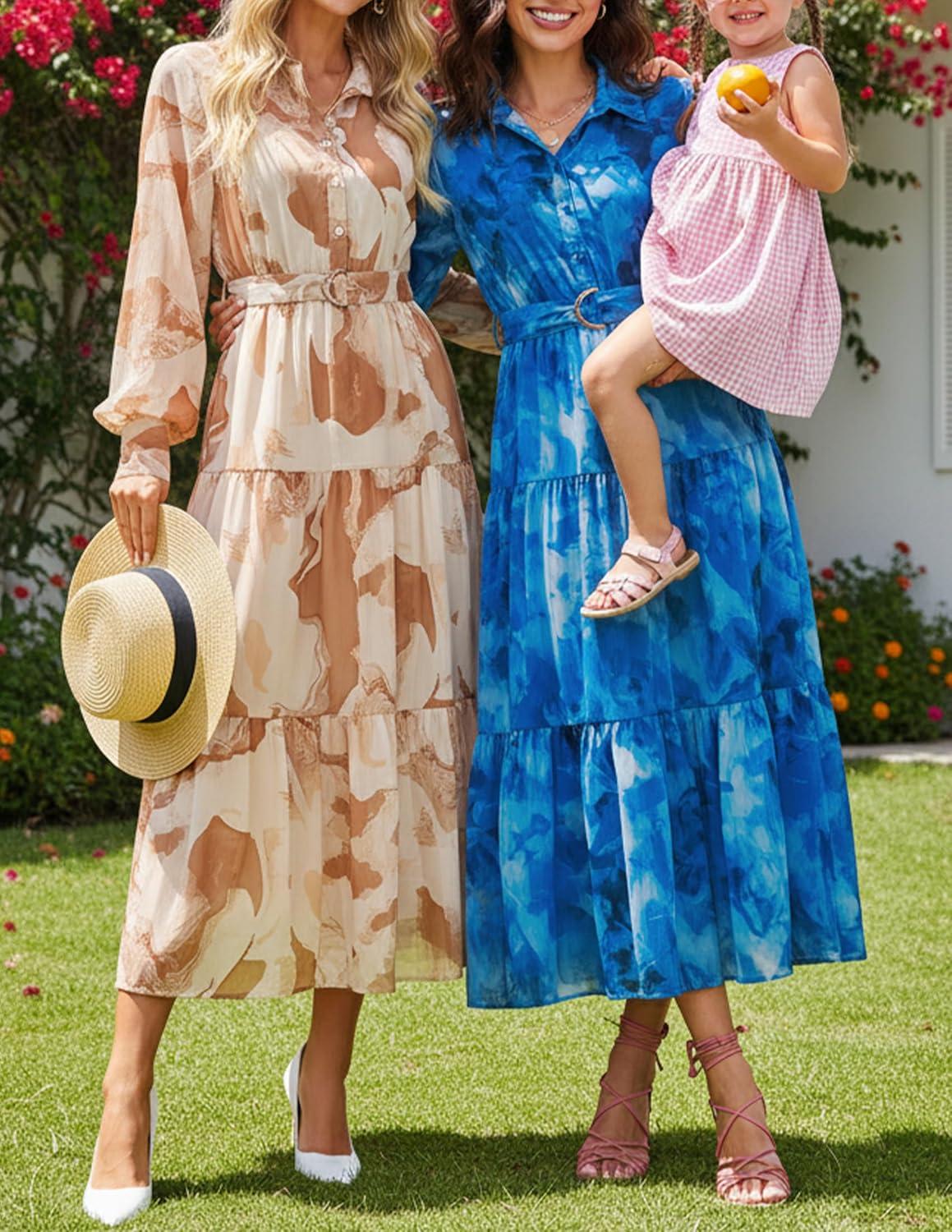imageZESICA Womens Spring Floral Long Sleeve Maxi Dresses 2026 Casual Button Belted Chiffon Boho Wedding Guest Party DressBlue
