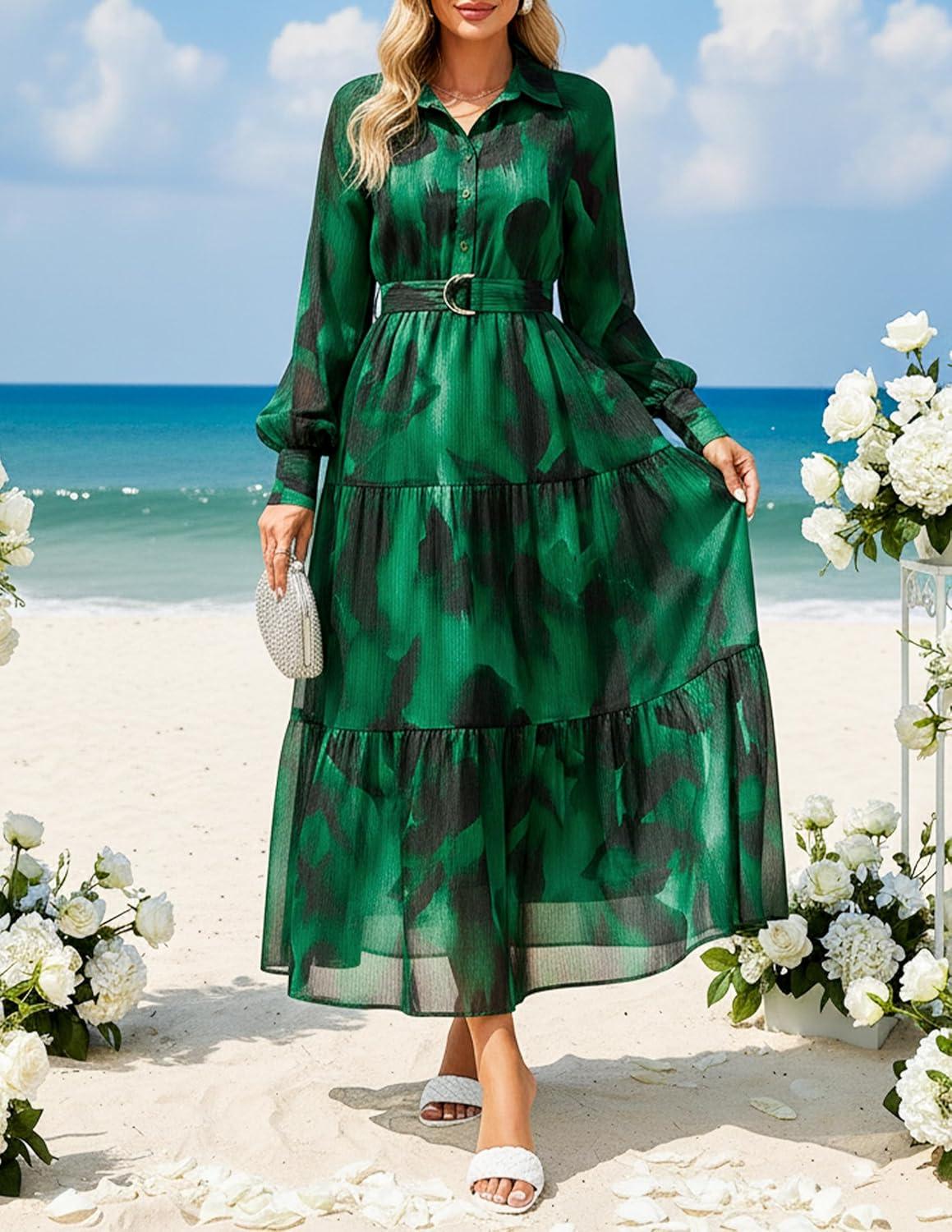 imageZESICA Womens Spring Floral Long Sleeve Maxi Dresses 2026 Casual Button Belted Chiffon Boho Wedding Guest Party DressDarkgreen