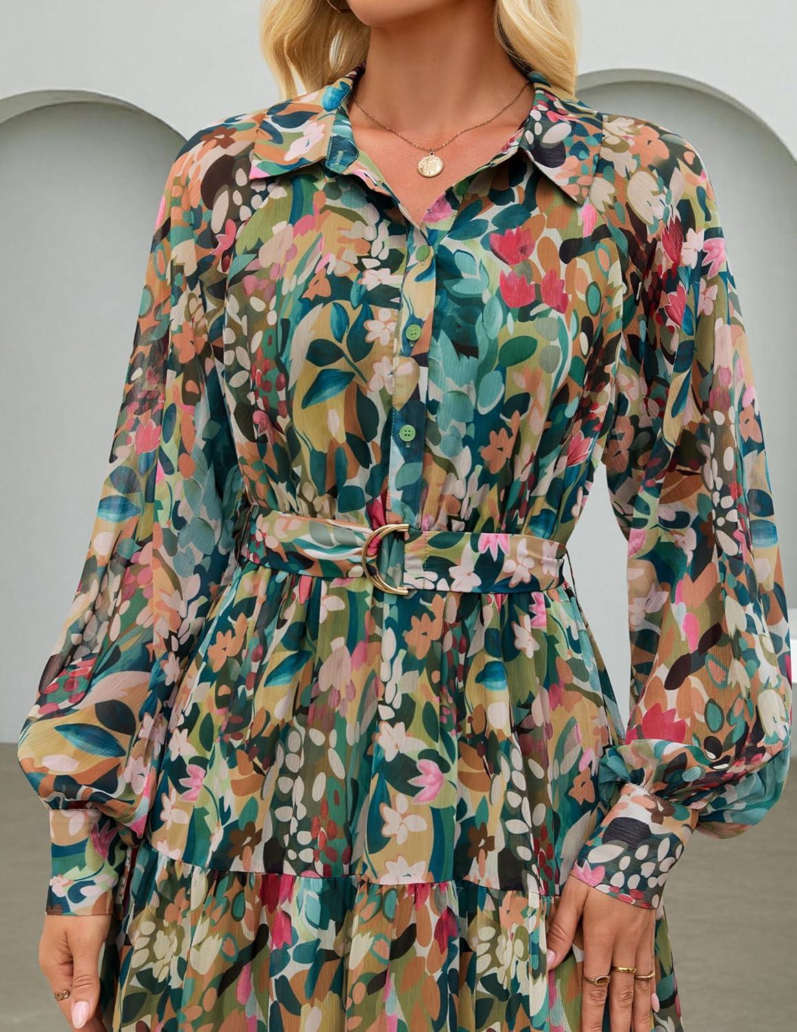 imageZESICA Womens Spring Floral Long Sleeve Maxi Dresses 2026 Casual Button Belted Chiffon Boho Wedding Guest Party DressGreen