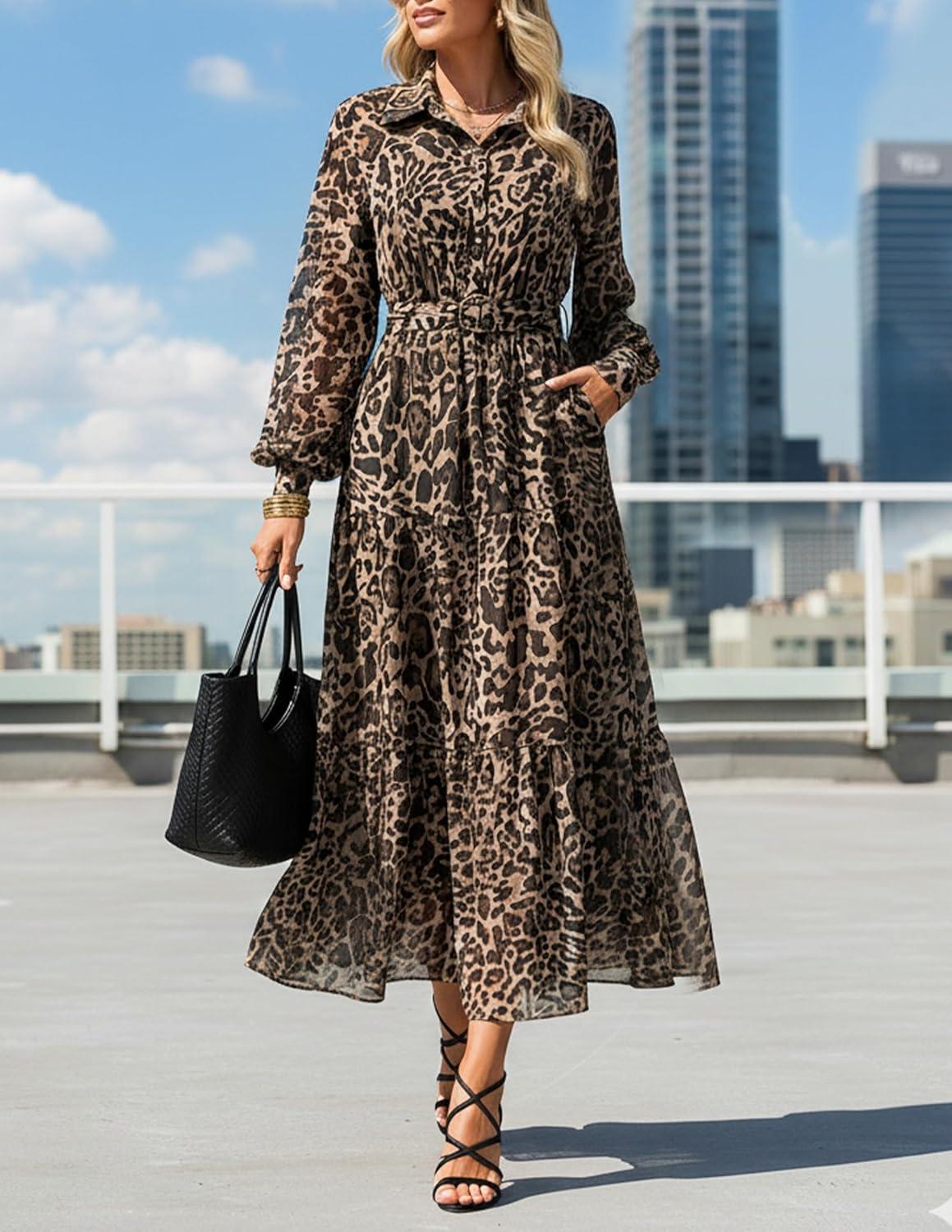imageZESICA Womens Spring Floral Long Sleeve Maxi Dresses 2026 Casual Button Belted Chiffon Boho Wedding Guest Party DressLeopard