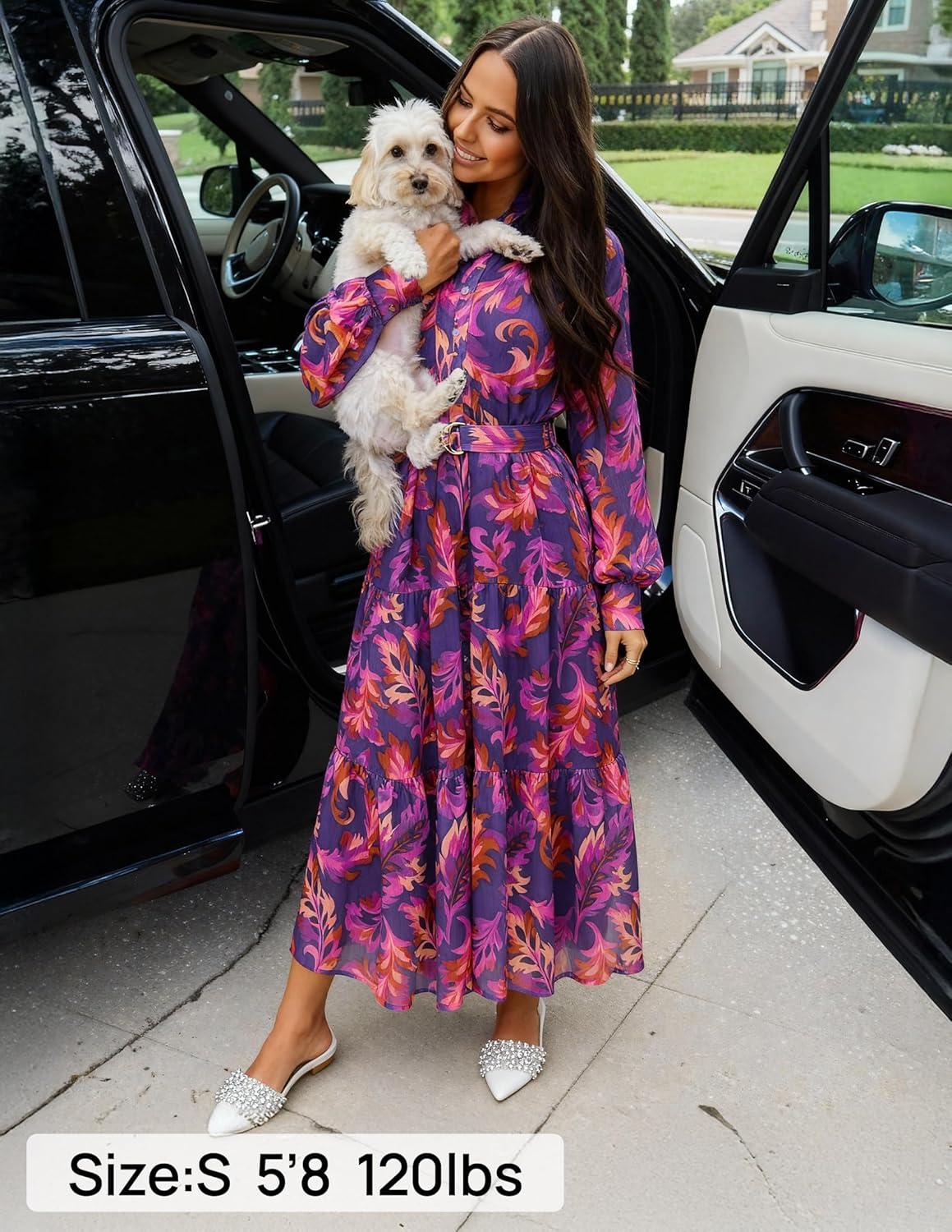 imageZESICA Womens Spring Floral Long Sleeve Maxi Dresses 2026 Casual Button Belted Chiffon Boho Wedding Guest Party DressPurple