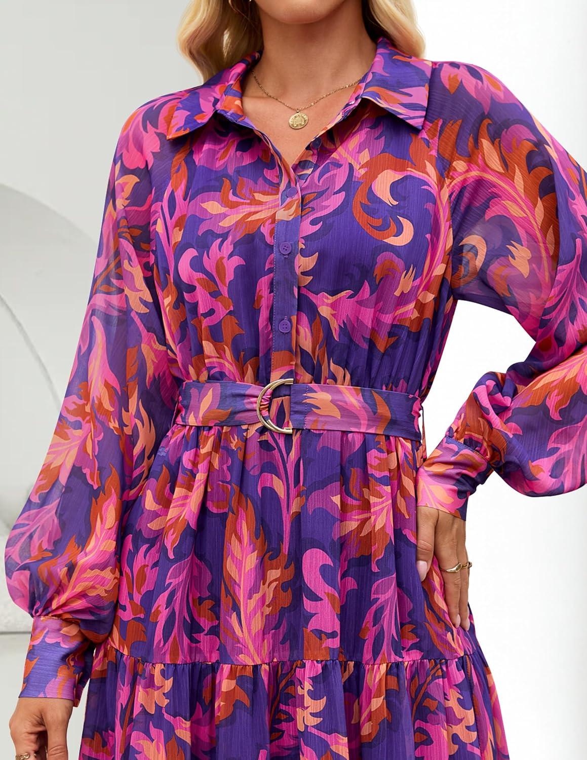imageZESICA Womens Spring Floral Long Sleeve Maxi Dresses 2026 Casual Button Belted Chiffon Boho Wedding Guest Party DressPurple