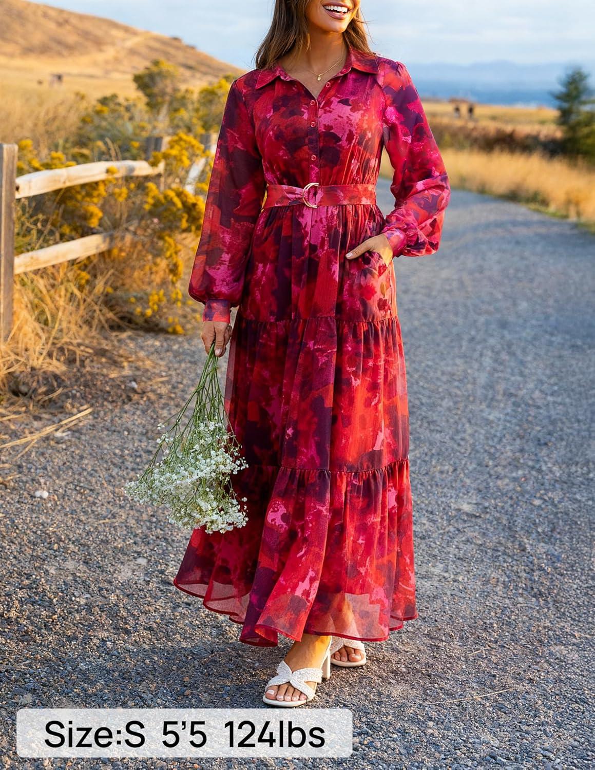 imageZESICA Womens Spring Floral Long Sleeve Maxi Dresses 2026 Casual Button Belted Chiffon Boho Wedding Guest Party DressRed