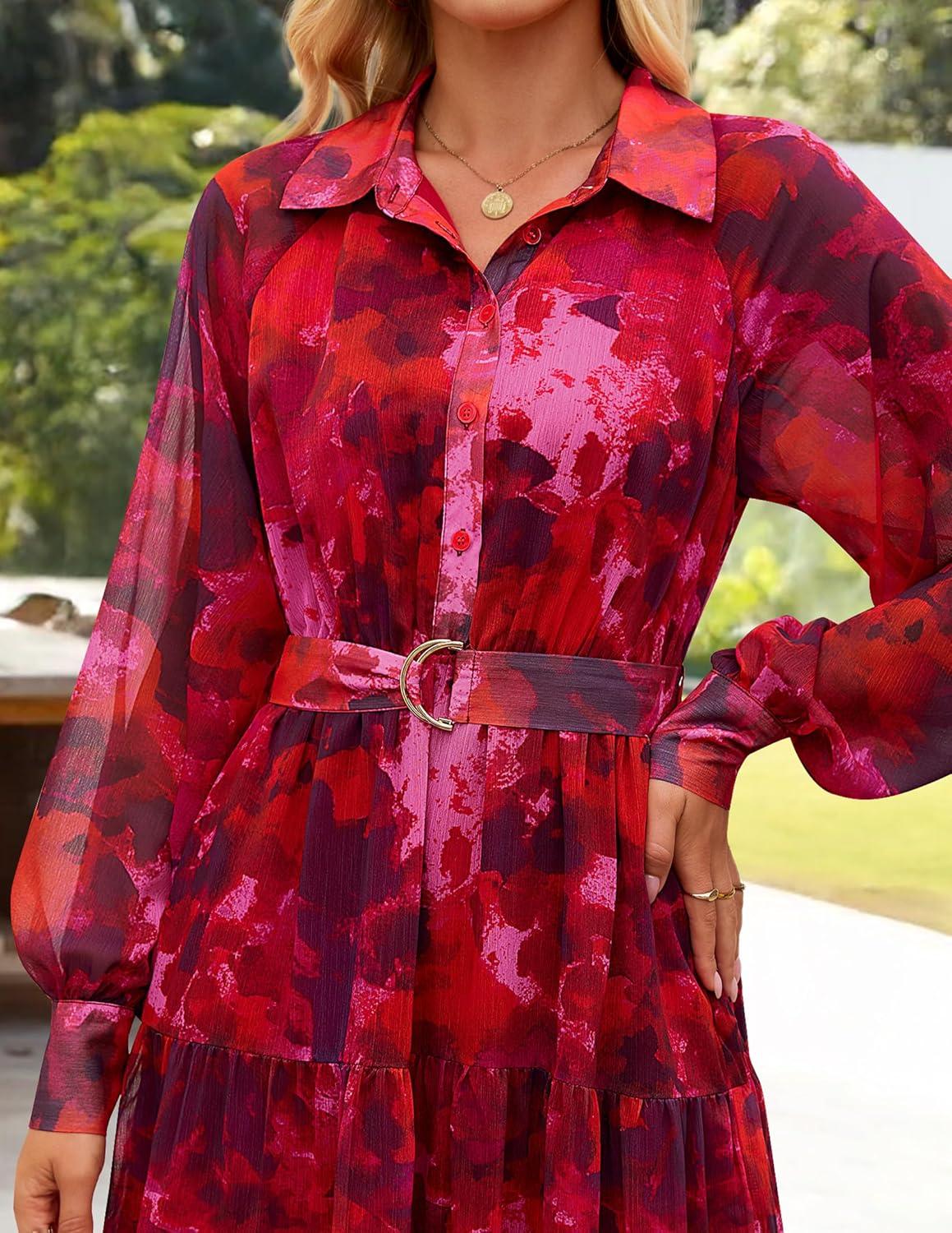 imageZESICA Womens Spring Floral Long Sleeve Maxi Dresses 2026 Casual Button Belted Chiffon Boho Wedding Guest Party DressRed