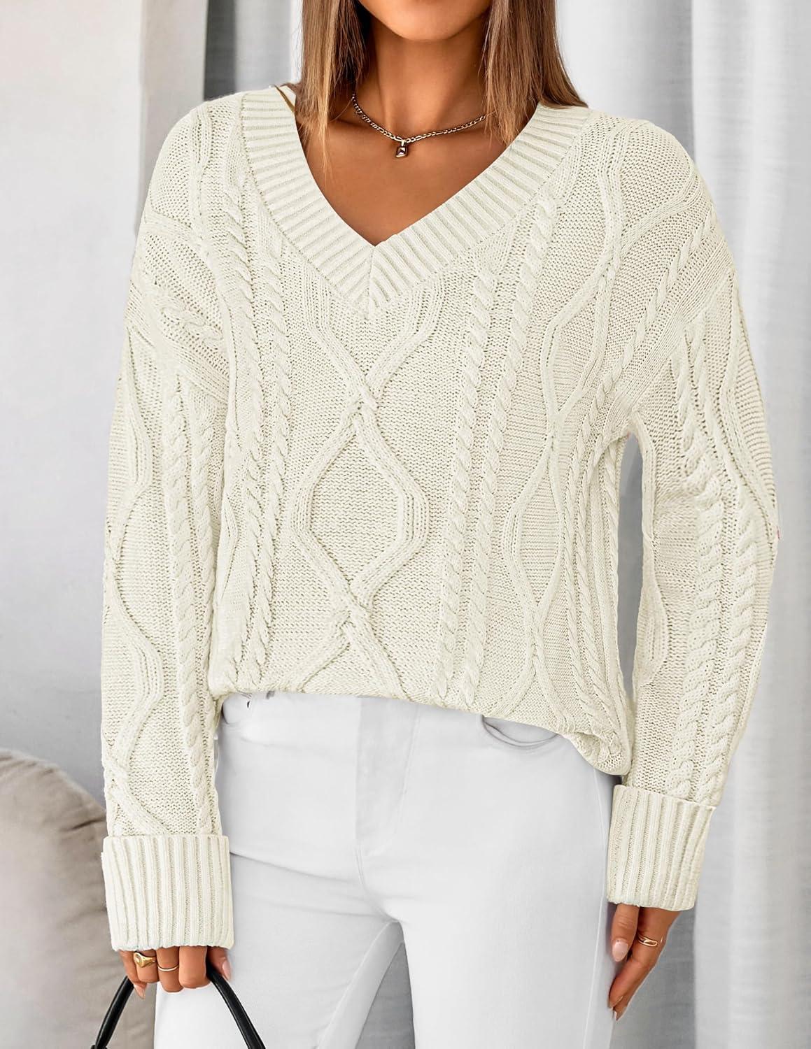 imageZESICA Womens Spring Oversized Sweaters 2026 Casual Long Sleeve V Neck Cable Knit Trendy Pullover TopsApricot