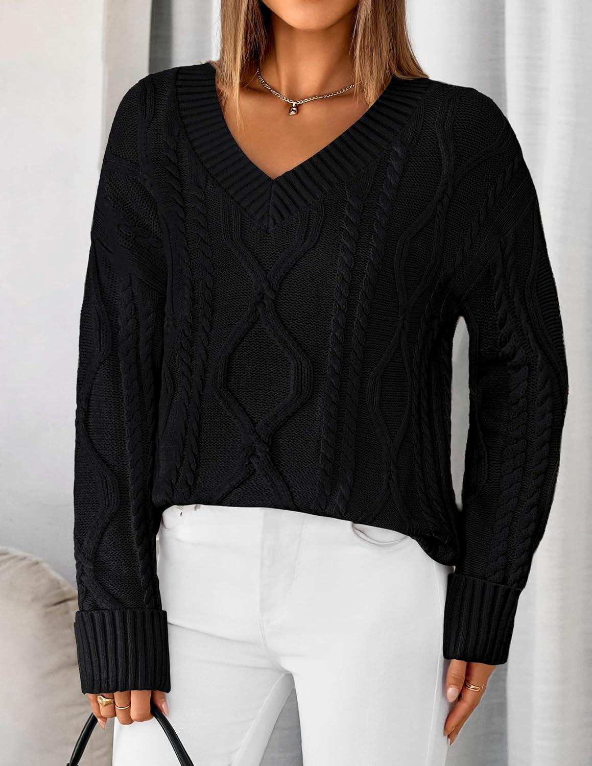 imageZESICA Womens Spring Oversized Sweaters 2026 Casual Long Sleeve V Neck Cable Knit Trendy Pullover TopsBlack