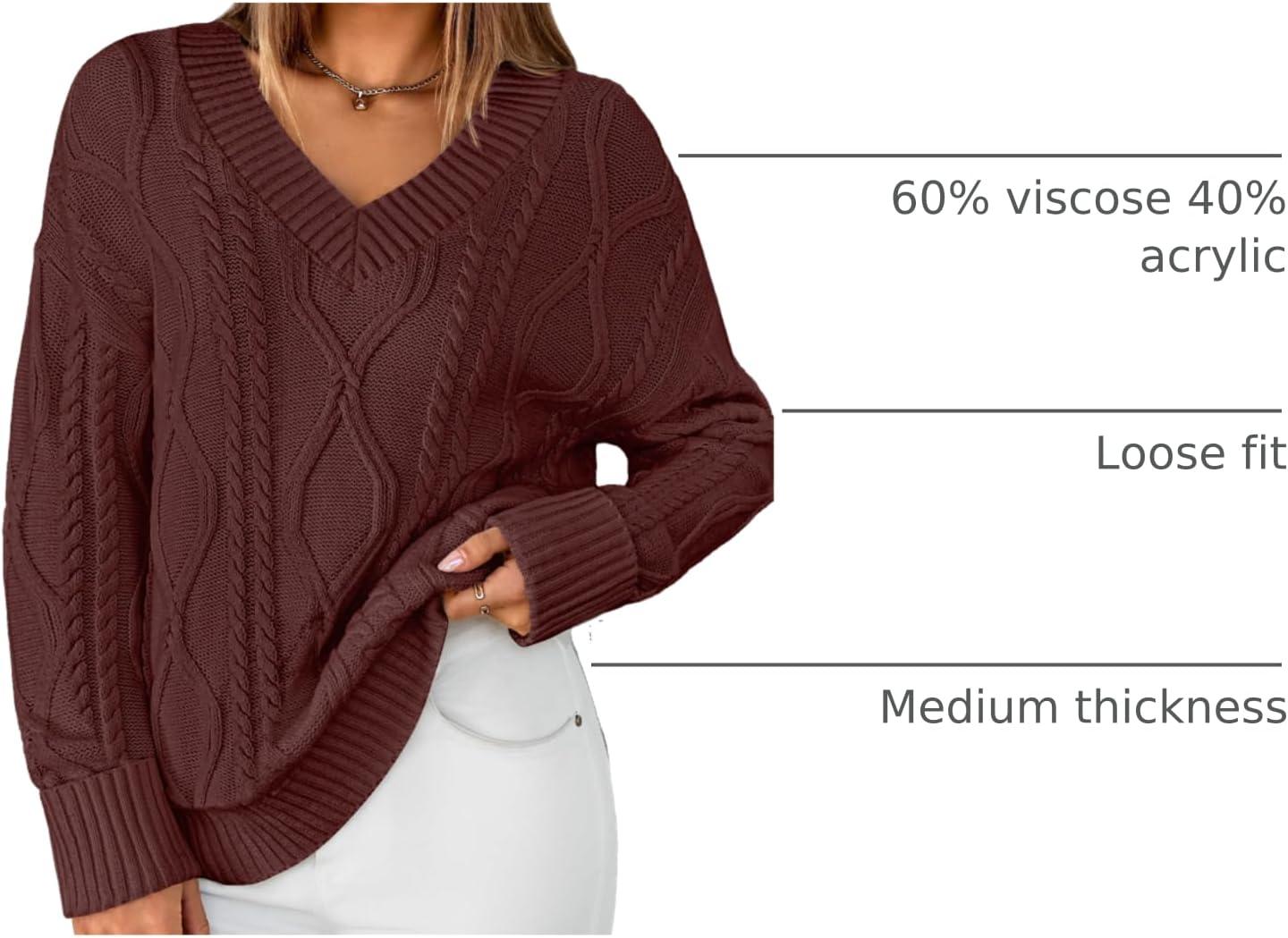 imageZESICA Womens Spring Oversized Sweaters 2026 Casual Long Sleeve V Neck Cable Knit Trendy Pullover TopsBrown
