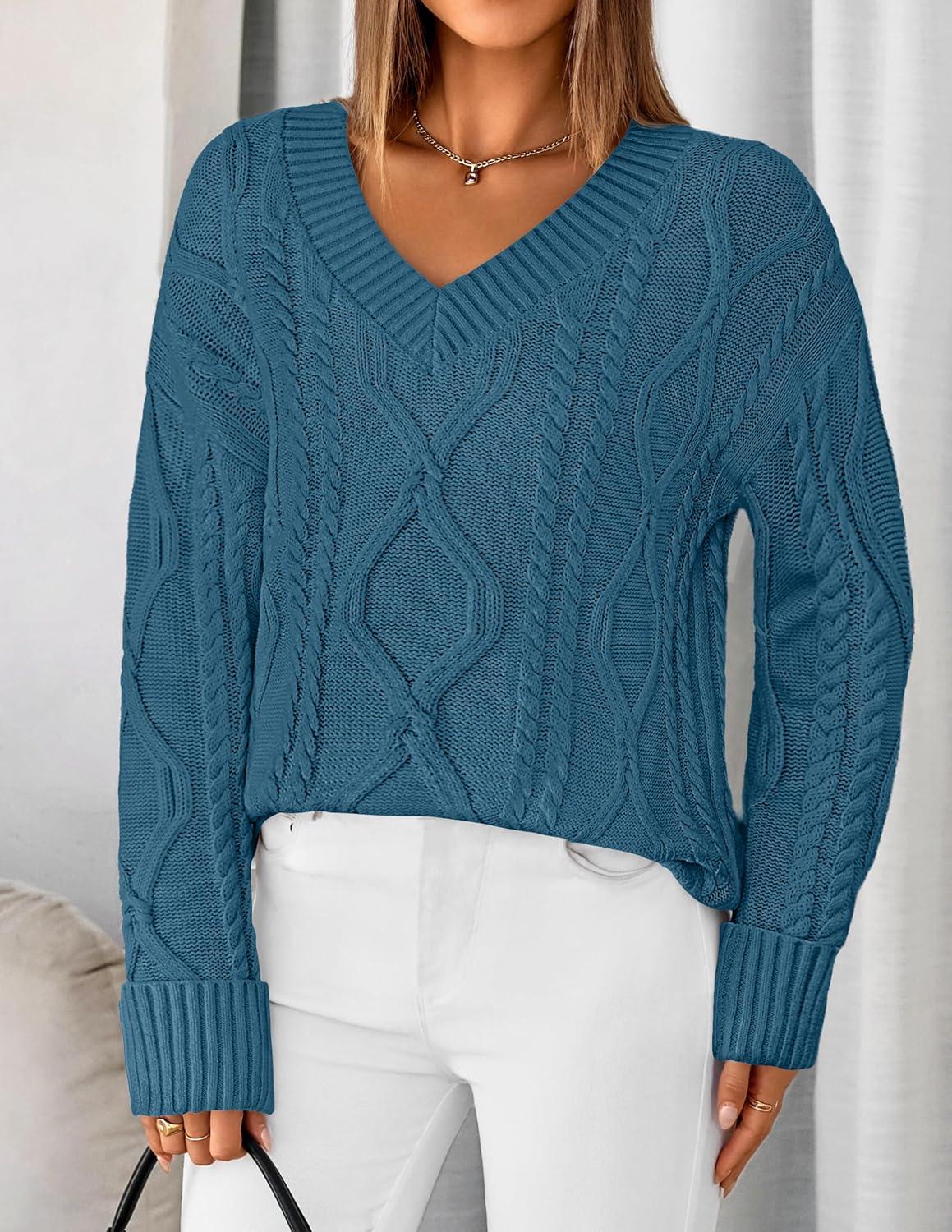 imageZESICA Womens Spring Oversized Sweaters 2026 Casual Long Sleeve V Neck Cable Knit Trendy Pullover TopsDustyblue