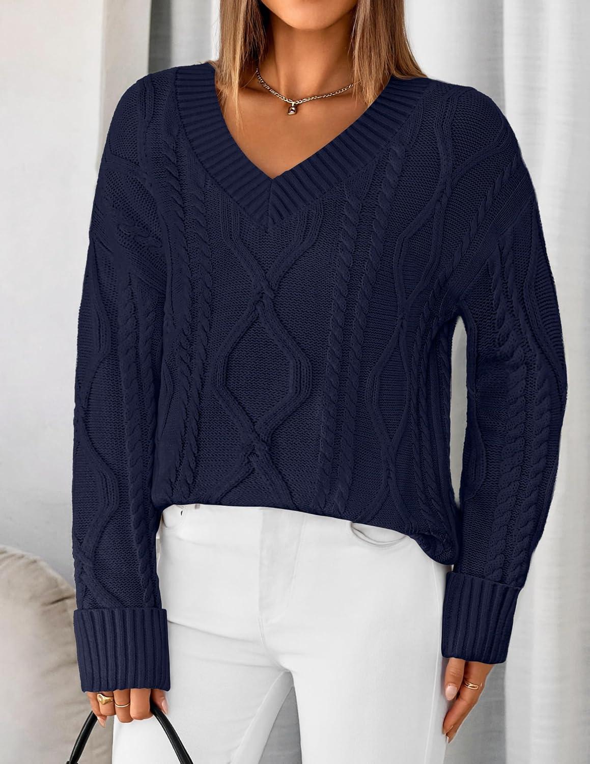 imageZESICA Womens Spring Oversized Sweaters 2026 Casual Long Sleeve V Neck Cable Knit Trendy Pullover TopsNavy