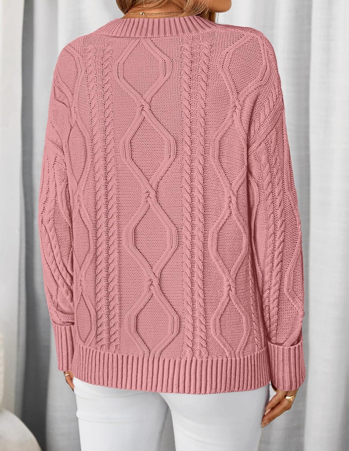 imageZESICA Womens Spring Oversized Sweaters 2026 Casual Long Sleeve V Neck Cable Knit Trendy Pullover TopsPink
