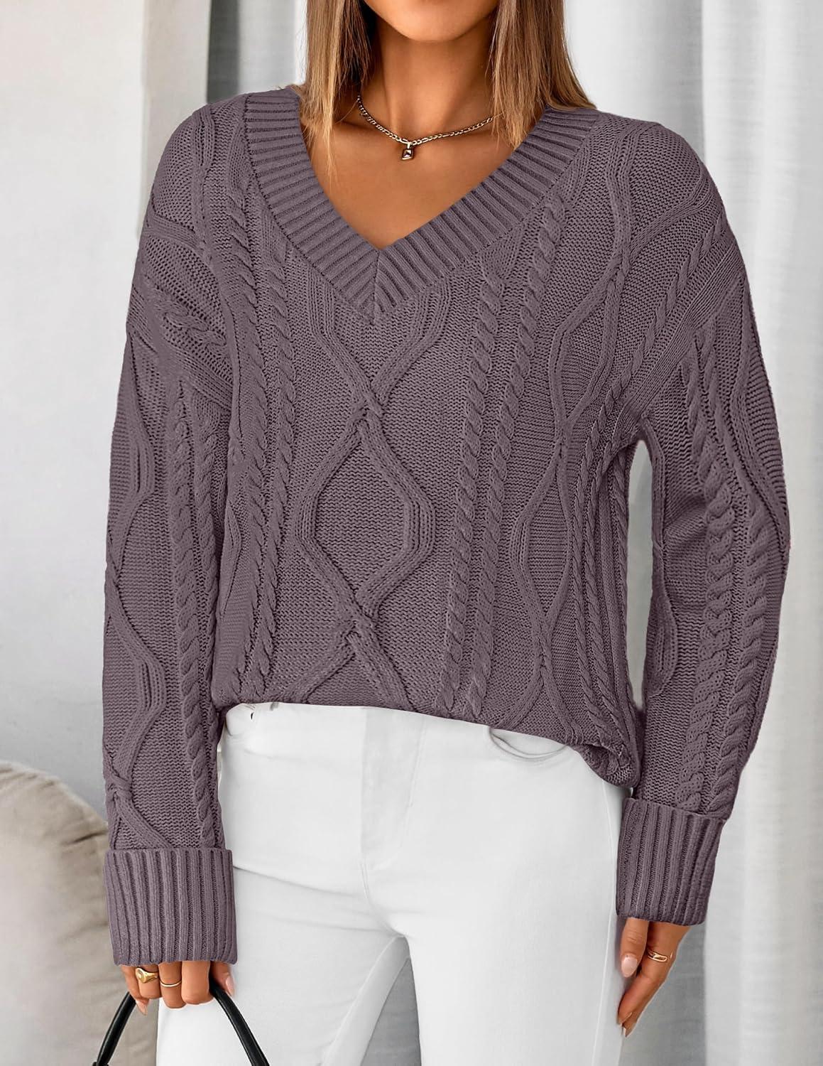 imageZESICA Womens Spring Oversized Sweaters 2026 Casual Long Sleeve V Neck Cable Knit Trendy Pullover TopsPurple