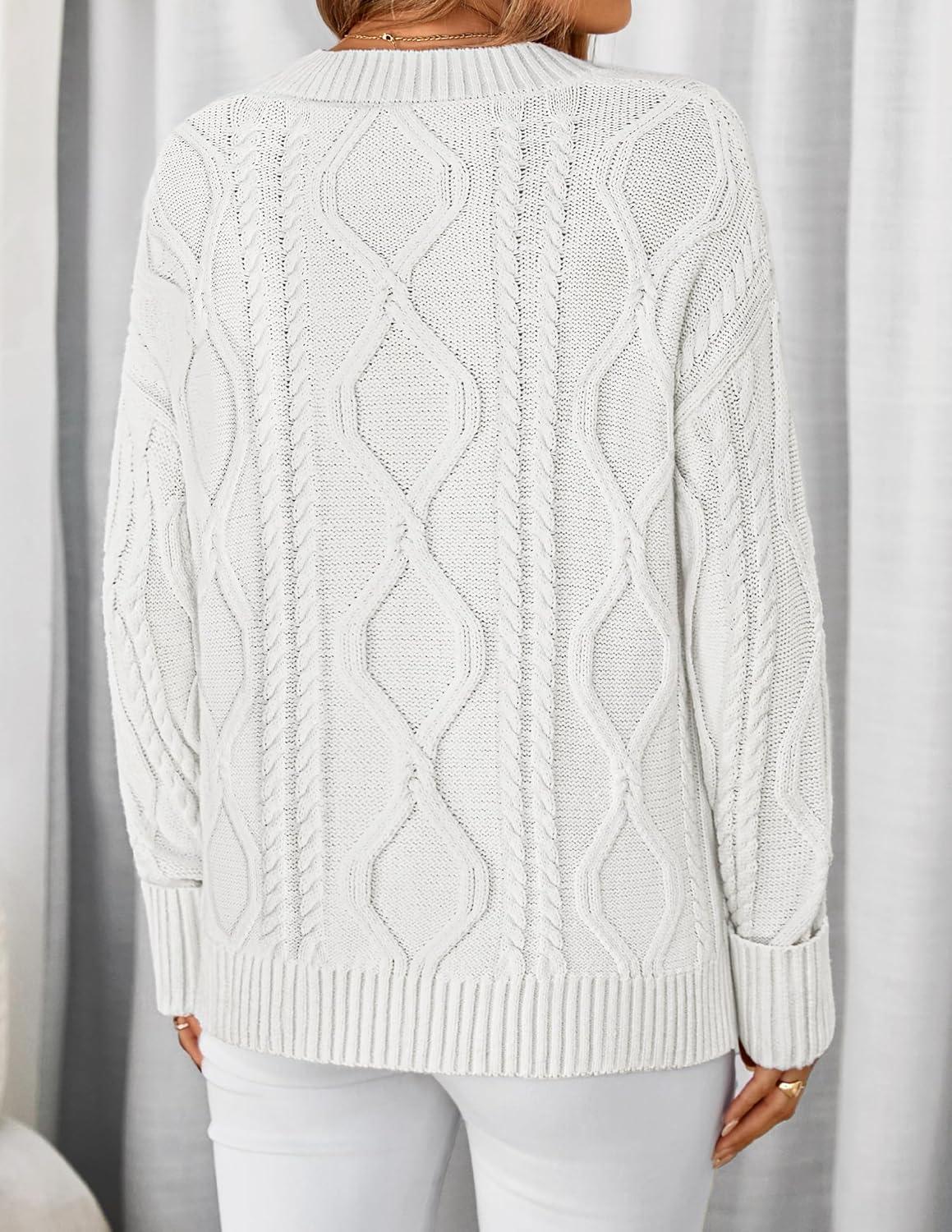 imageZESICA Womens Spring Oversized Sweaters 2026 Casual Long Sleeve V Neck Cable Knit Trendy Pullover TopsWhite
