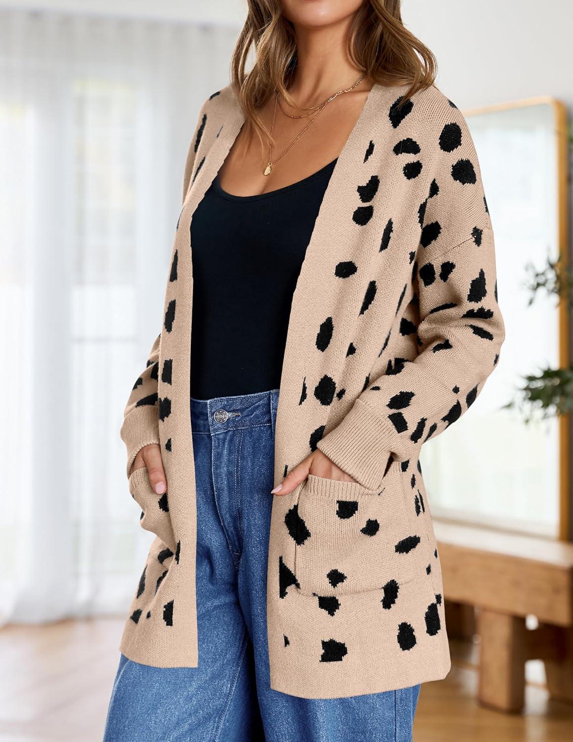 imageZESICA Womens Spring Winter Long Sleeves Open Front Leopard Print Knitted Sweater Cardigan Coat OutwearA Beige