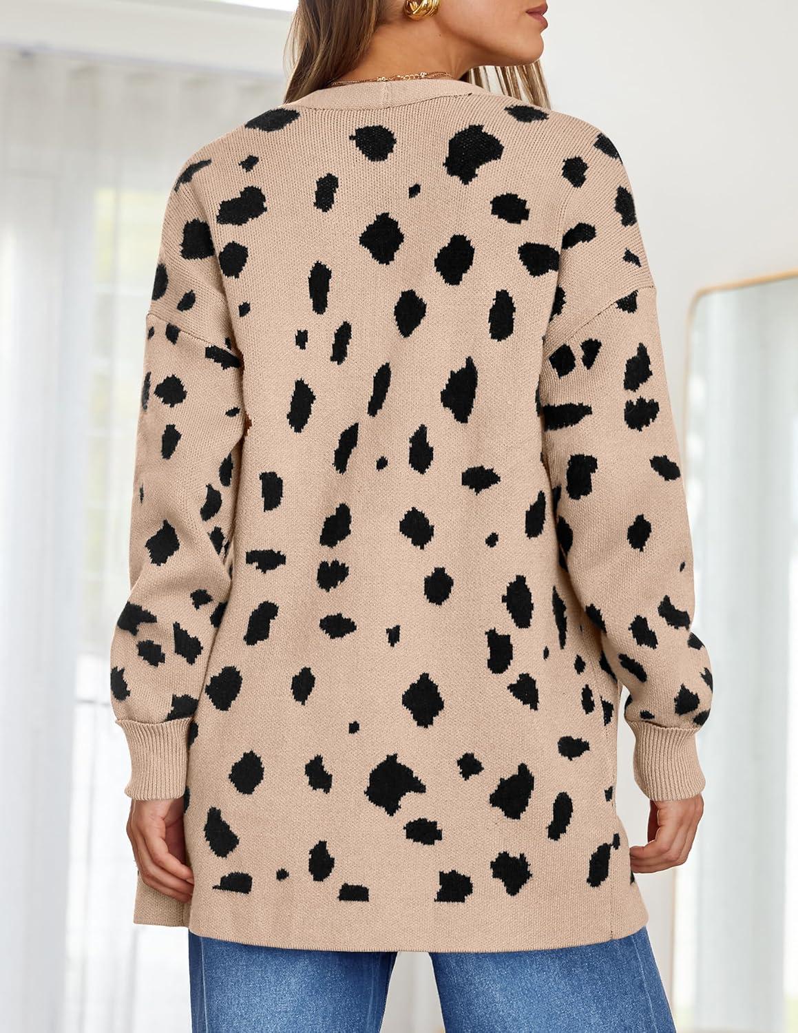 imageZESICA Womens Spring Winter Long Sleeves Open Front Leopard Print Knitted Sweater Cardigan Coat OutwearA Beige