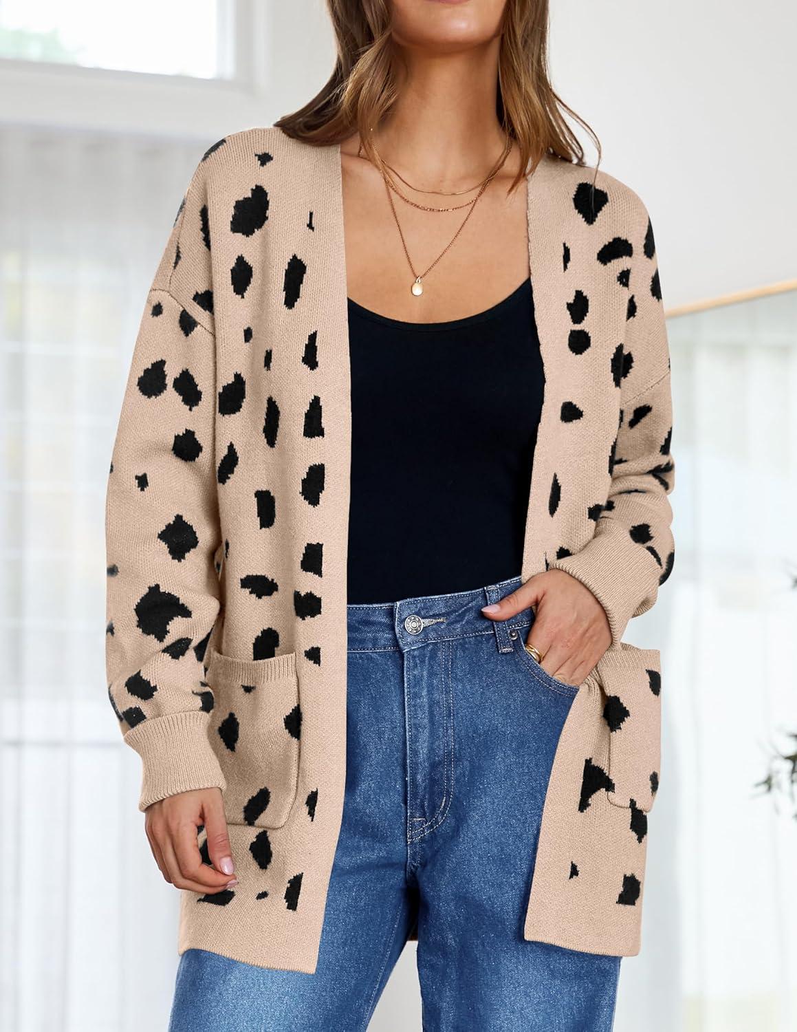 imageZESICA Womens Spring Winter Long Sleeves Open Front Leopard Print Knitted Sweater Cardigan Coat OutwearA Beige