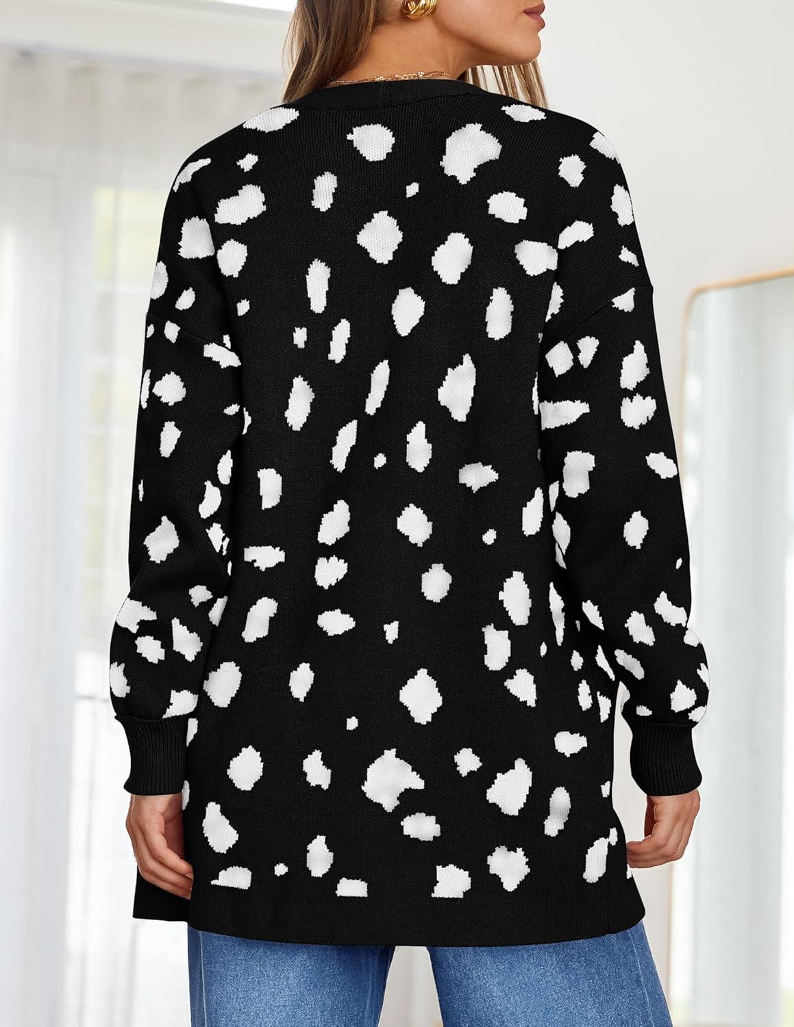 imageZESICA Womens Spring Winter Long Sleeves Open Front Leopard Print Knitted Sweater Cardigan Coat OutwearA Black