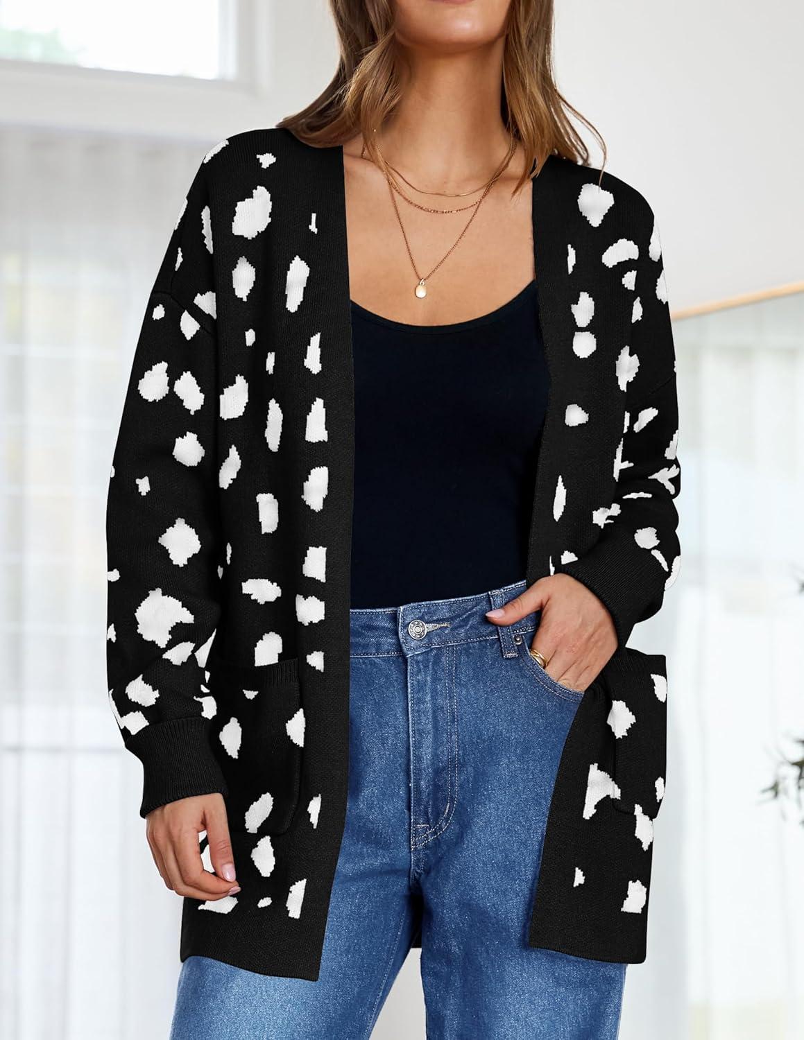 imageZESICA Womens Spring Winter Long Sleeves Open Front Leopard Print Knitted Sweater Cardigan Coat OutwearA Black
