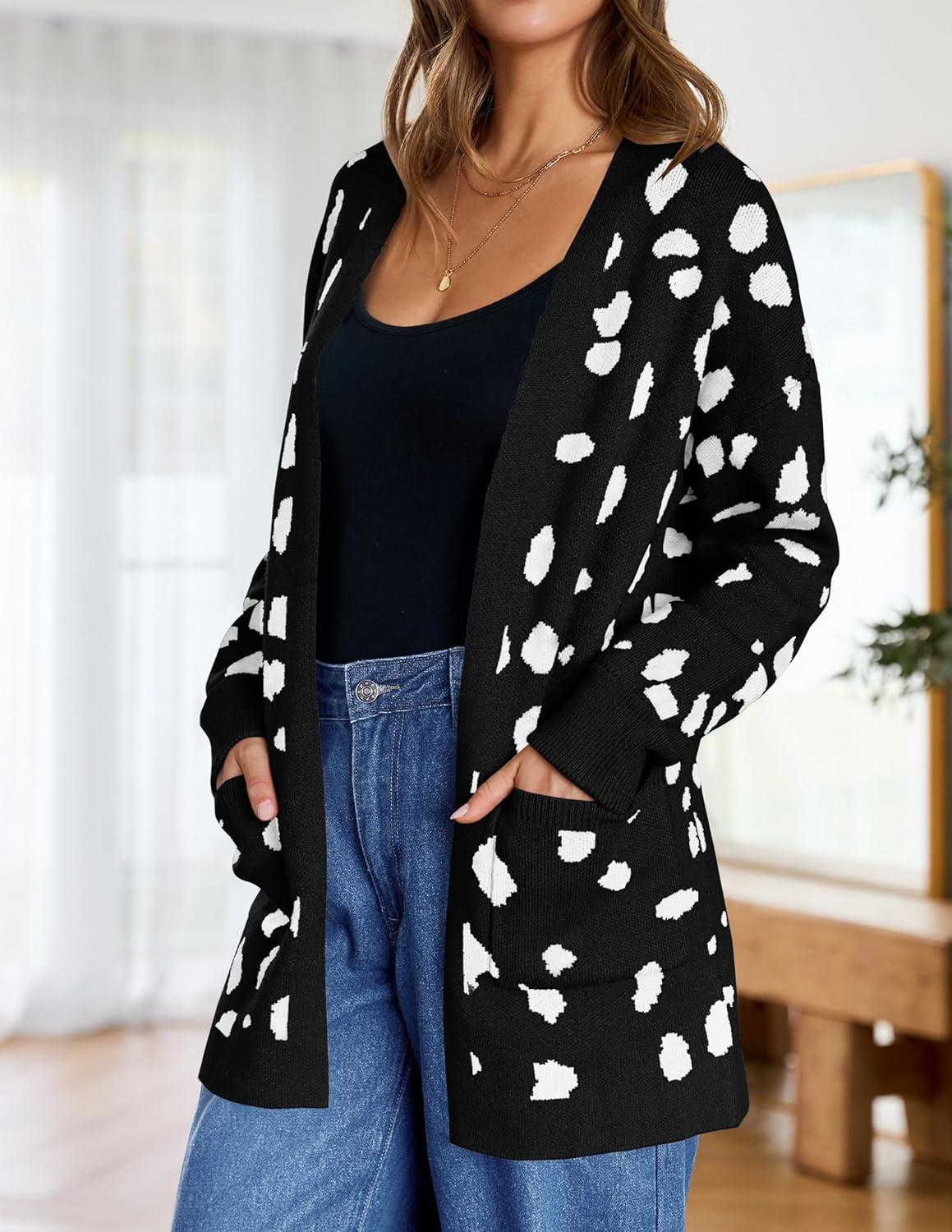 imageZESICA Womens Spring Winter Long Sleeves Open Front Leopard Print Knitted Sweater Cardigan Coat OutwearA Black