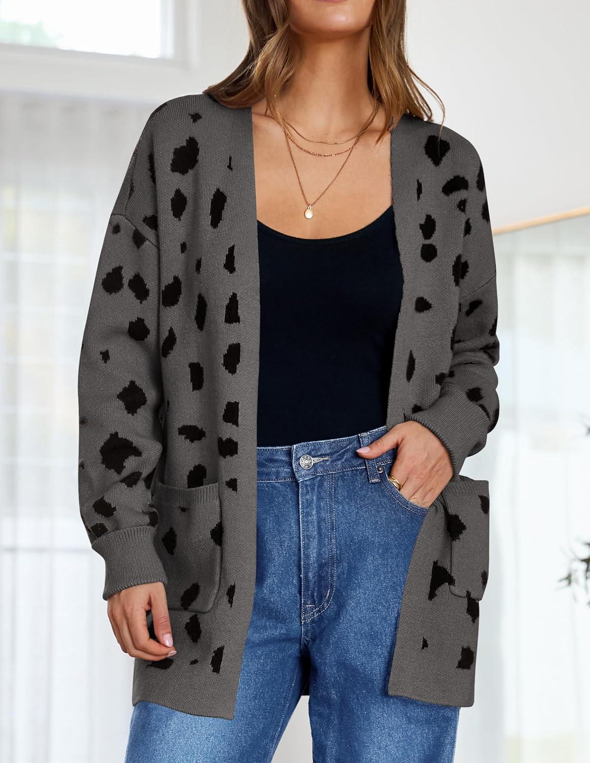 imageZESICA Womens Spring Winter Long Sleeves Open Front Leopard Print Knitted Sweater Cardigan Coat OutwearA Dark Grey