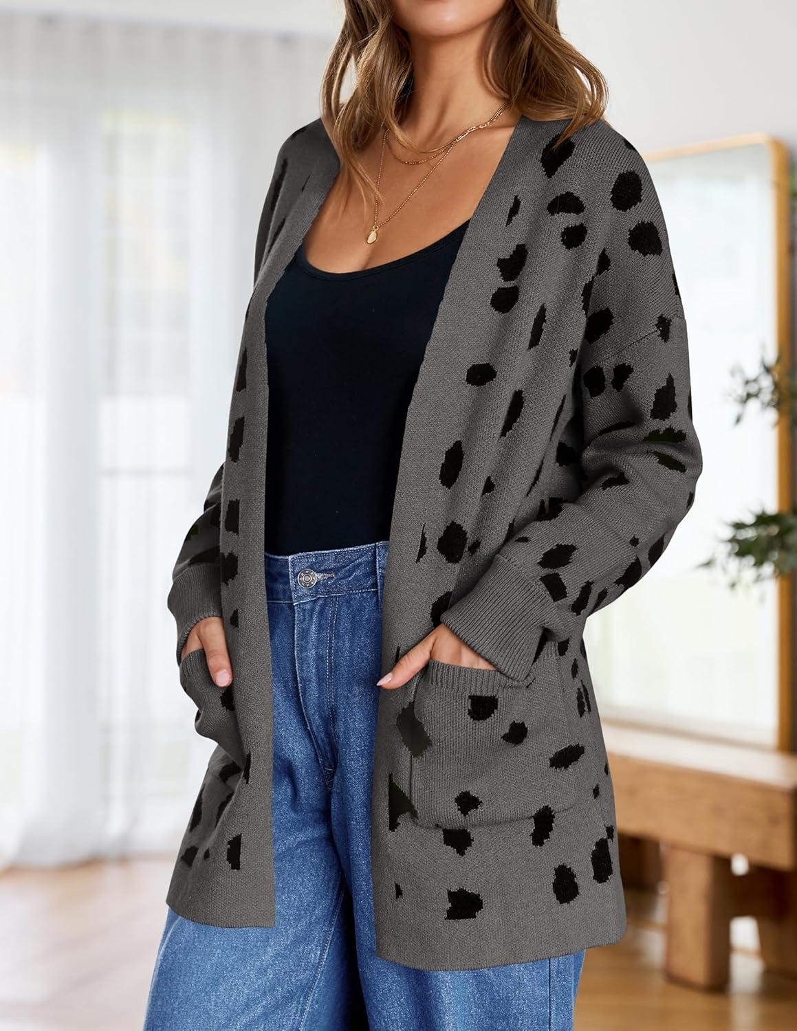 imageZESICA Womens Spring Winter Long Sleeves Open Front Leopard Print Knitted Sweater Cardigan Coat OutwearA Dark Grey