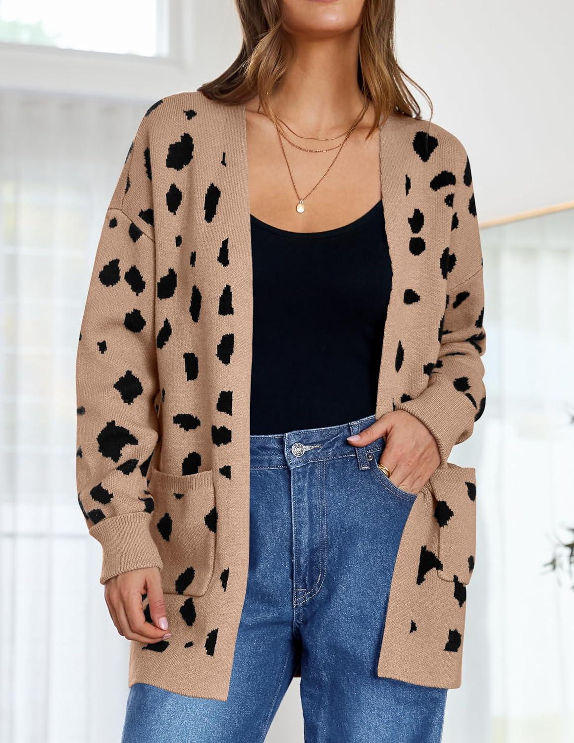 imageZESICA Womens Spring Winter Long Sleeves Open Front Leopard Print Knitted Sweater Cardigan Coat OutwearA Khaki