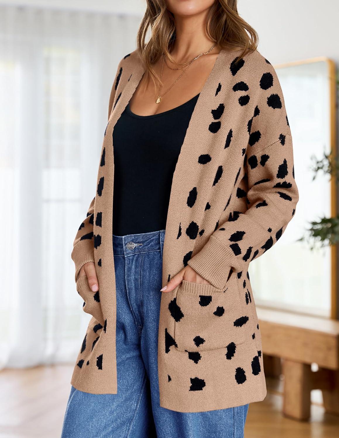 imageZESICA Womens Spring Winter Long Sleeves Open Front Leopard Print Knitted Sweater Cardigan Coat OutwearA Khaki