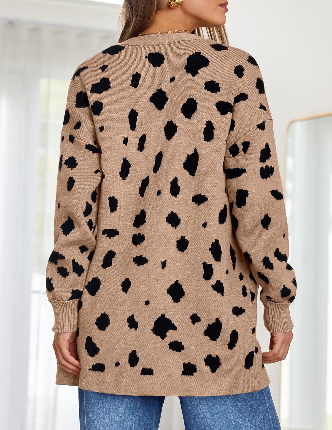 imageZESICA Womens Spring Winter Long Sleeves Open Front Leopard Print Knitted Sweater Cardigan Coat OutwearA Khaki
