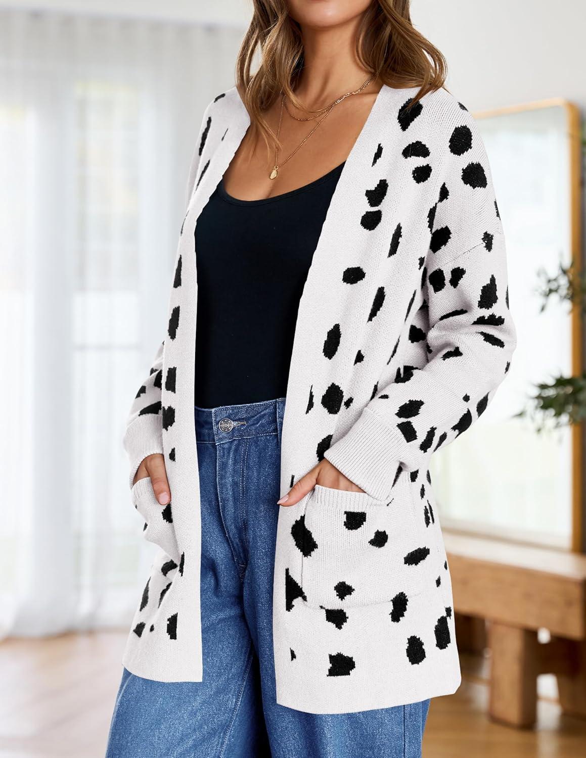 imageZESICA Womens Spring Winter Long Sleeves Open Front Leopard Print Knitted Sweater Cardigan Coat OutwearA White