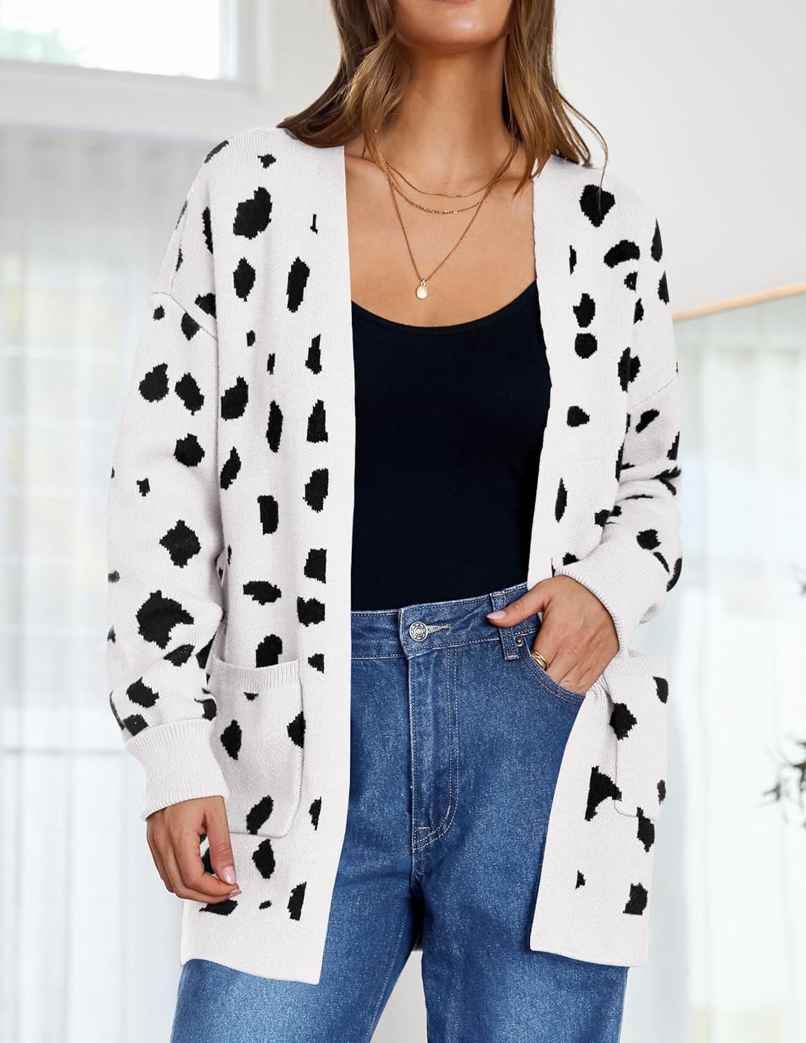 imageZESICA Womens Spring Winter Long Sleeves Open Front Leopard Print Knitted Sweater Cardigan Coat OutwearA White