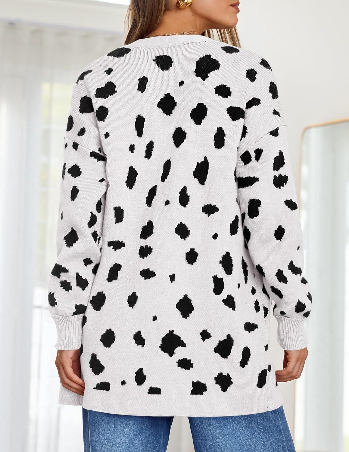 imageZESICA Womens Spring Winter Long Sleeves Open Front Leopard Print Knitted Sweater Cardigan Coat OutwearA White