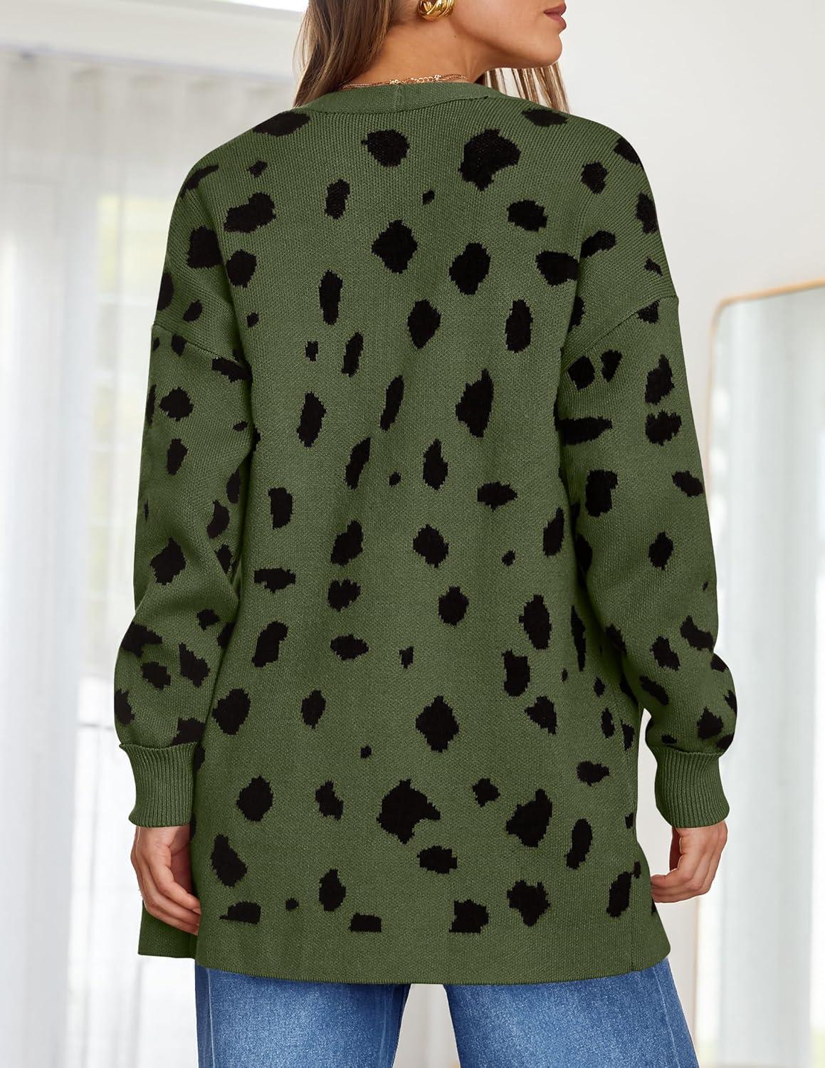 imageZESICA Womens Spring Winter Long Sleeves Open Front Leopard Print Knitted Sweater Cardigan Coat OutwearArmygreen