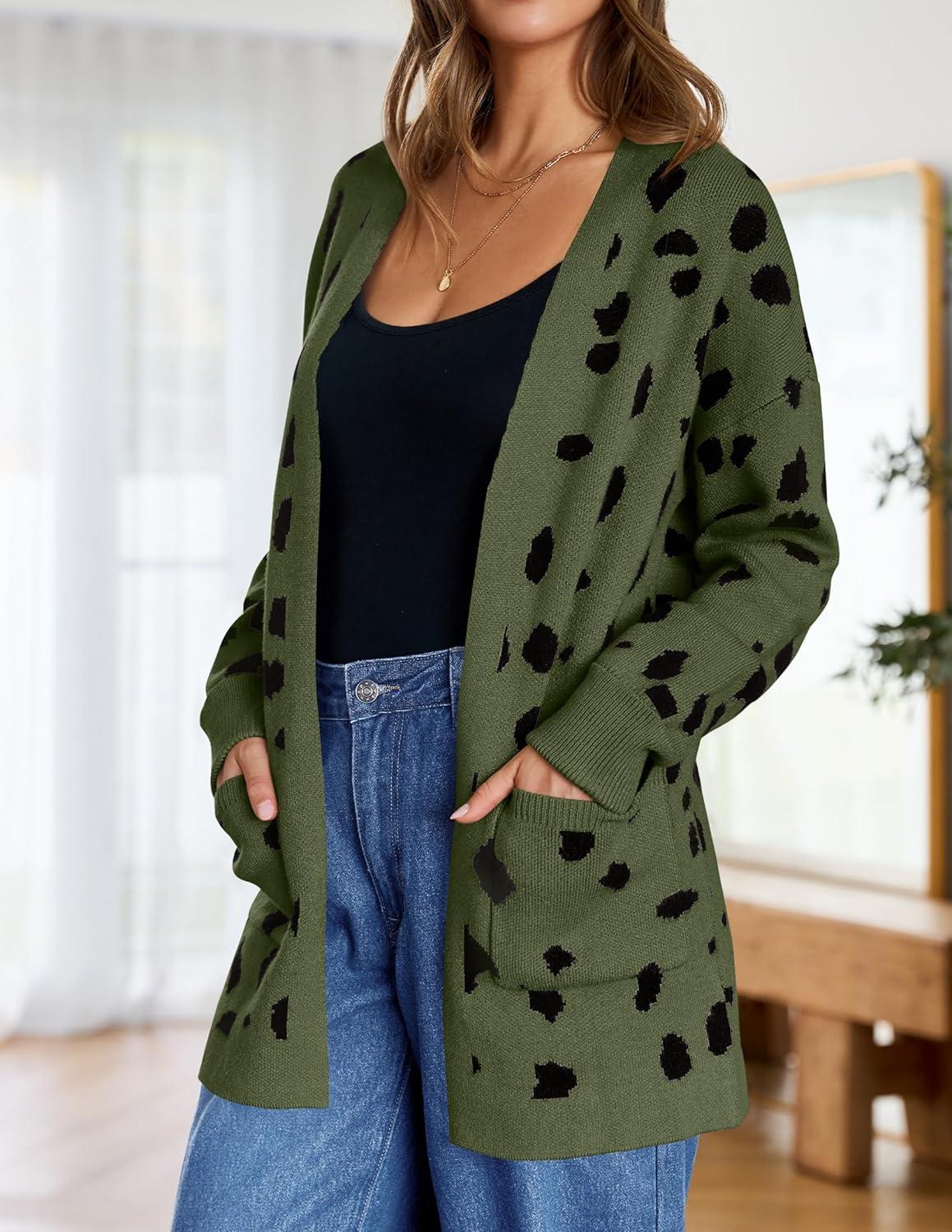 imageZESICA Womens Spring Winter Long Sleeves Open Front Leopard Print Knitted Sweater Cardigan Coat OutwearArmygreen