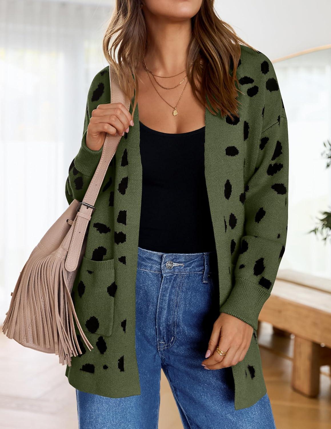 imageZESICA Womens Spring Winter Long Sleeves Open Front Leopard Print Knitted Sweater Cardigan Coat OutwearArmygreen