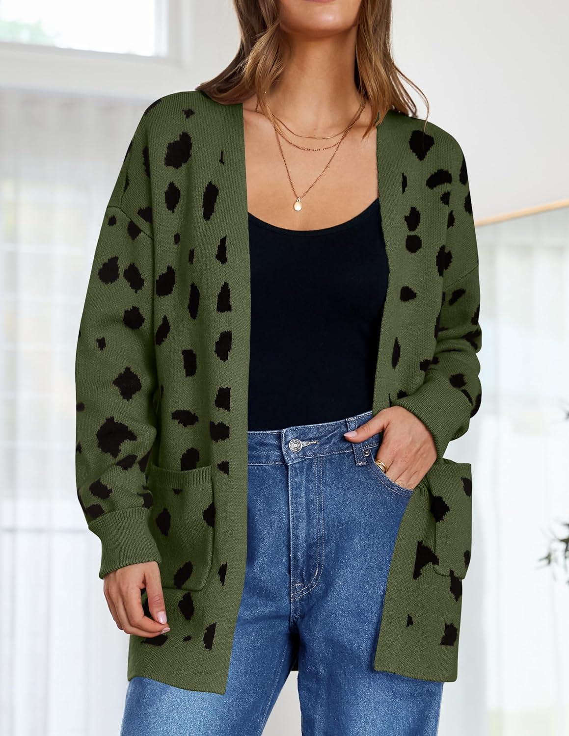 imageZESICA Womens Spring Winter Long Sleeves Open Front Leopard Print Knitted Sweater Cardigan Coat OutwearArmygreen