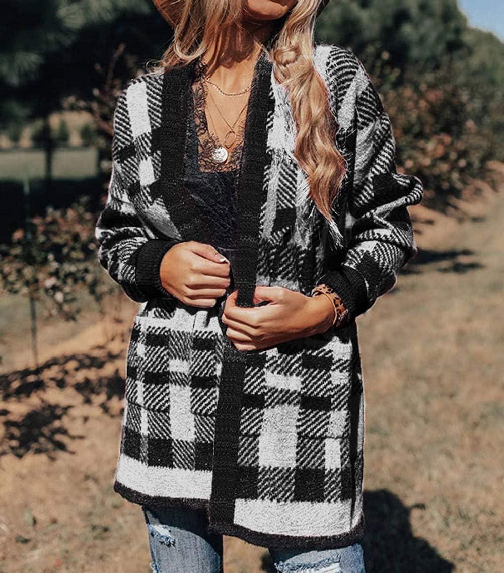 imageZESICA Womens Spring Winter Long Sleeves Open Front Leopard Print Knitted Sweater Cardigan Coat OutwearBlack Plaid