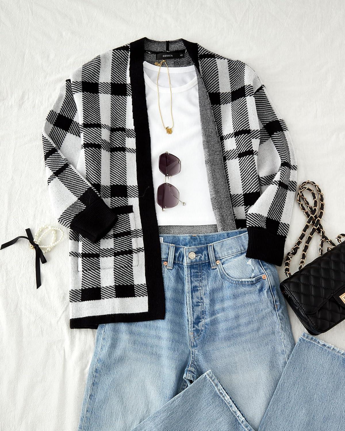 imageZESICA Womens Spring Winter Long Sleeves Open Front Leopard Print Knitted Sweater Cardigan Coat OutwearBlack Plaid