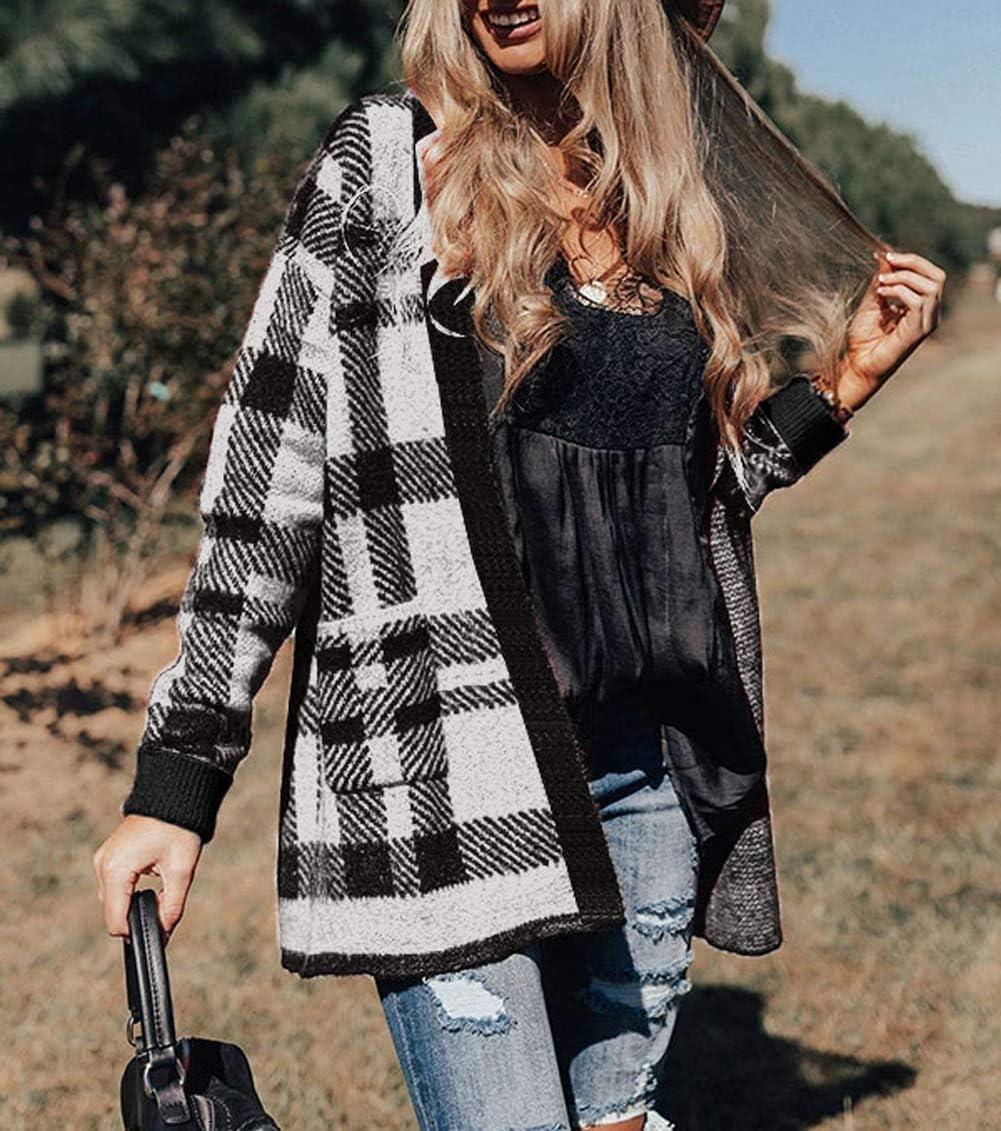 imageZESICA Womens Spring Winter Long Sleeves Open Front Leopard Print Knitted Sweater Cardigan Coat OutwearBlack Plaid
