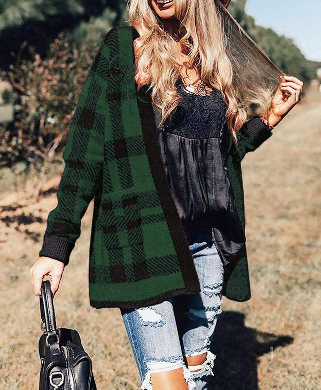 imageZESICA Womens Spring Winter Long Sleeves Open Front Leopard Print Knitted Sweater Cardigan Coat OutwearGreenplaid