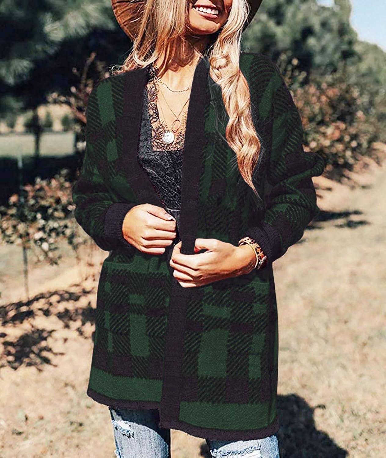 imageZESICA Womens Spring Winter Long Sleeves Open Front Leopard Print Knitted Sweater Cardigan Coat OutwearGreenplaid