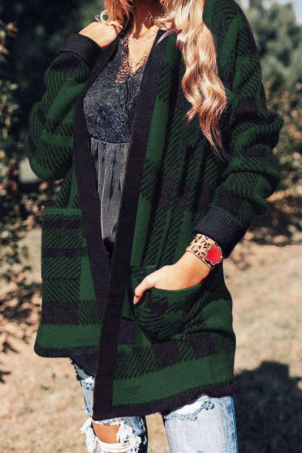 imageZESICA Womens Spring Winter Long Sleeves Open Front Leopard Print Knitted Sweater Cardigan Coat OutwearGreenplaid