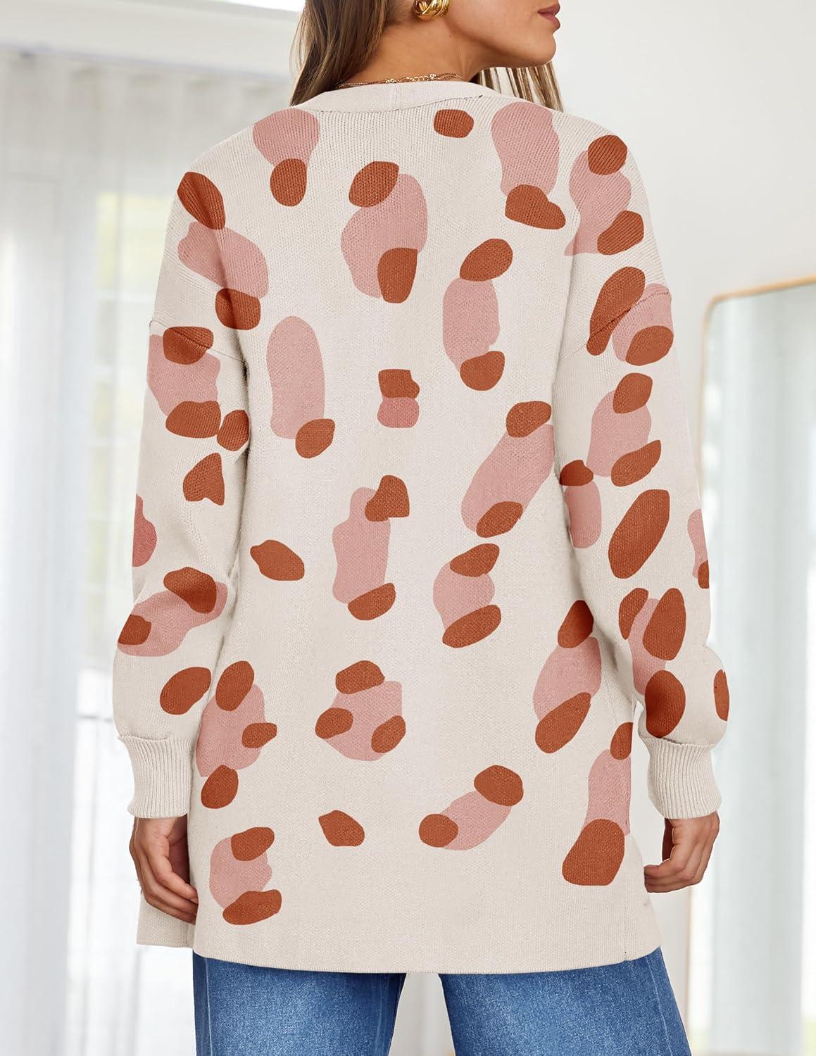 imageZESICA Womens Spring Winter Long Sleeves Open Front Leopard Print Knitted Sweater Cardigan Coat OutwearOrange