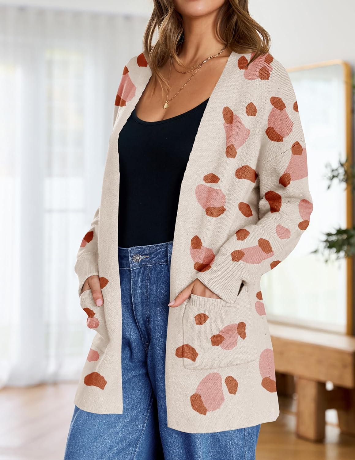 imageZESICA Womens Spring Winter Long Sleeves Open Front Leopard Print Knitted Sweater Cardigan Coat OutwearOrange