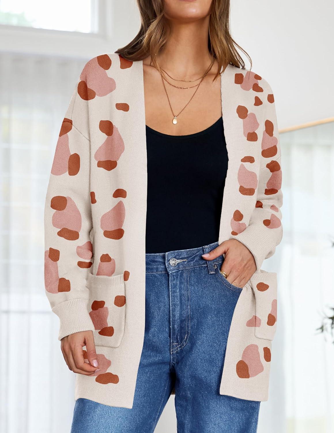 imageZESICA Womens Spring Winter Long Sleeves Open Front Leopard Print Knitted Sweater Cardigan Coat OutwearOrange